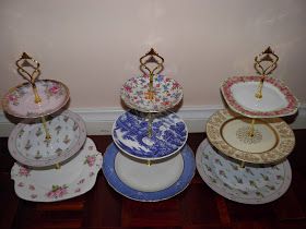 Vintage Musings Of A Modern Pinup: How To Make a 3 Tiered Cake Stand For Less Than $10 3 Tiered Cake, 3 Tier Serving Tray, Tiered Dessert Stand, Pastry Stand, Tiered Cake Stands, Diy Cake Stand, China Crafts, 3 Tier Cake Stand, 3 Tier Cake