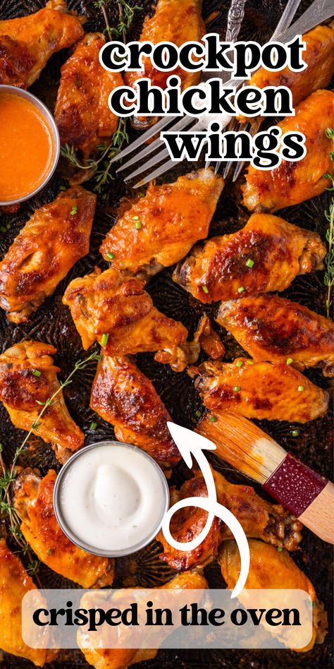 Get game-day ready with these easy Crock Pot Chicken Wings! Slow-cooked to fork-tender and finished in the oven for a crispy bite, these wings are coated in buffalo sauce. Crock Pot Chicken Wings Slow Cooker, Wings In The Crockpot, Slow Cooker Wings, Crock Pot Wings, Crockpot Wings, Crockpot Chicken Wings, Crock Pot Chicken Wings, Wings Recipe Crockpot, Wings Slow Cooker