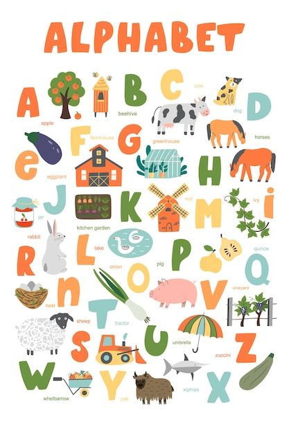 Vector farm animals eanglish alphabet cu... | Premium Vector #Freepik #vector #farm #background #village #english Abc Illustration, Farm Background, Alphabet Letters Design, Cute Vector, Vector Poster, Alphabet For Kids, Alphabet Art, Alphabet Poster, Alphabet Activities