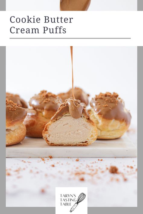 Delicious cream puffs filled with cookie butter mousse. This recipe is easy to make and oh so delicious! Cookie Butter Pastry Cream, Cream Puff Filling, Coco Puffs, Creme Puff, Cream Puff Recipe, Pastry Cook, Tiny Treats, Cookie Butter, Choux Pastry