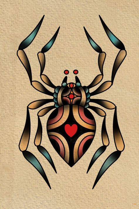 220 Best Spider Tattoos Designs With Meanings (2022) - TattoosBoyGirl Spider Tattoo Traditional, American Traditional Spider, Traditional Spider Tattoo, Spider Tattoos, Traditional Tattoo Drawings, Spider Web Tattoo, Traditional Tattoo Old School, Traditional Tattoo Inspiration, Traditional Style Tattoo