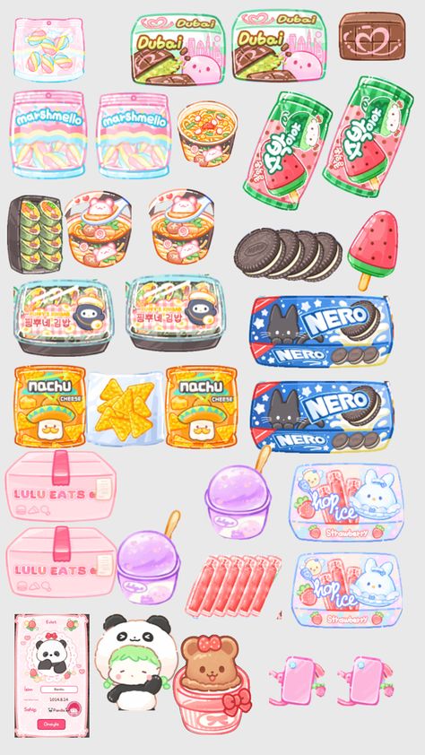 Kawaii Food Art Drawing, Mini Food Drawings, Paper Food Ideas, Paper Duck Kitchen, Paper Duck Bedroom, Paper Food Printable, Paper Duck Stuff, Paper Duck Food, Cute Png Aesthetic