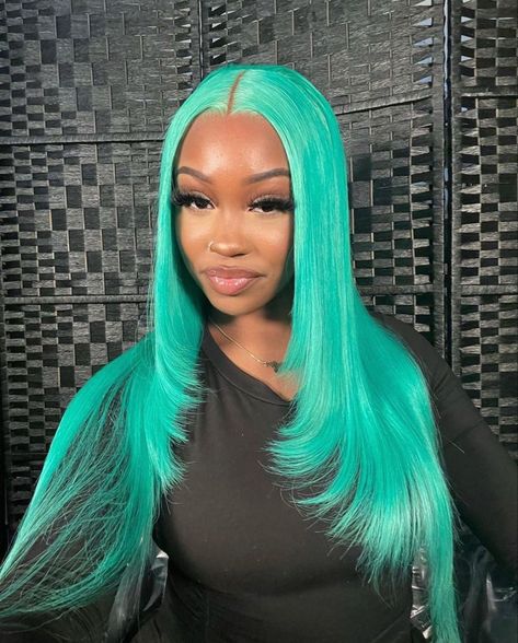 Mint Green Wig Black Women, Green Wigs Black Women, Birthday Hairdo, Coloured Wigs Black Women, Layered Straight Hair, Bday Hairstyles, Blueberry Hair, Tick List, Wig Installs