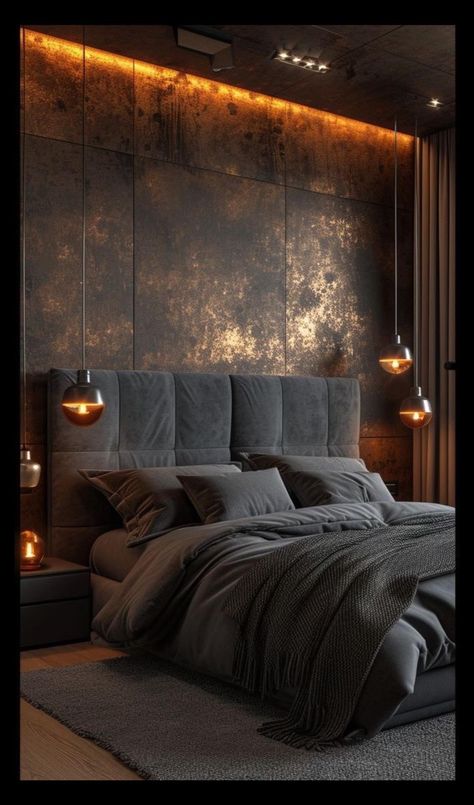 Stone Bedroom Aesthetic, Modern Bedroom Men, Mens Bedroom Furniture, Backlit Headboard, Black House Interior, Male Bedroom Ideas, Minimalistic Bedroom, Moody Lighting, Black Rooms