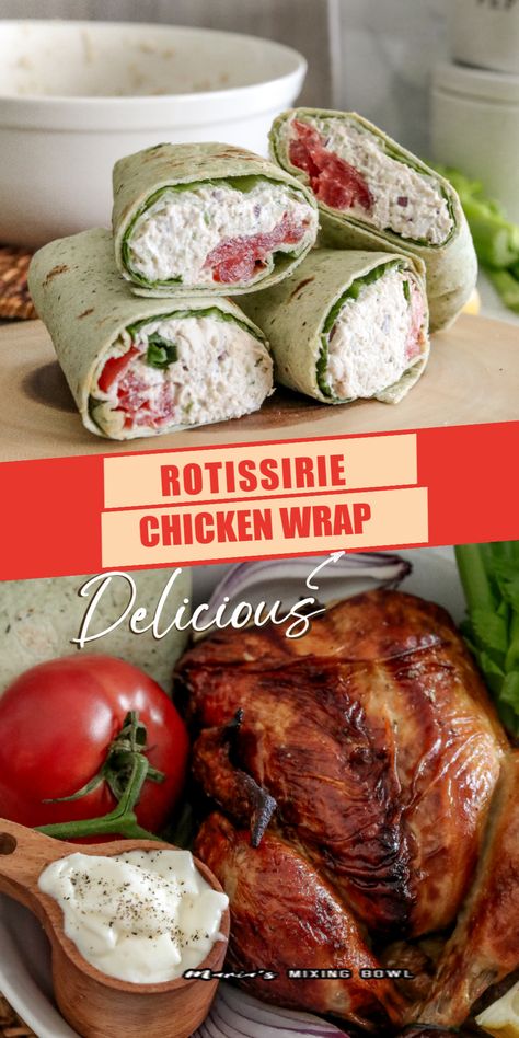 These Rotisserie Chicken Wraps are loaded with a zesty chicken salad, and crisp, romaine lettuce and wrapped in perfectly toasted tortillas. They are a cinch to make and perfect for when you need and want a quick and delicious meal! Rotisserie Chicken Wraps Dinners, Chicken Salad Wraps Tortillas, Rotisserie Chicken Lettuce Wraps, Rotisserie Chicken Wraps, Chicken Salad Wrap Recipe, Keto Wraps, Chicken Wraps Healthy, Wraps Recipes Easy, Costco Rotisserie Chicken