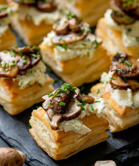 Garlic Mushroom and Chive Pastry Bites | Christmas Recipe | Neff UK Marzipan Mushrooms, Mushroom Canapes, Mushroom Bites, Christmas Canapes, Pastry Bites, Burns Night, Garlic Mushrooms, Christmas Recipe, Recipes Snacks