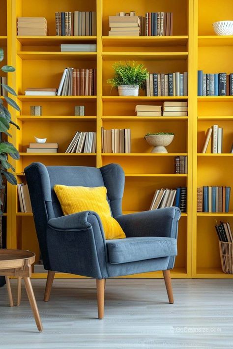 This design permits the use of a brighter yellow to complement the blue suede chair. It also uses the whole wall space for the shelves like the previous design. Mustard Bookcase, Colourful Bookcase, Yellow Shelves, Bright Color Bookshelf, Yellow Shelves Bookshelves, Yellow Bookshelves, Yellow Shelf, Shelves Bookshelves, Yellow Couch