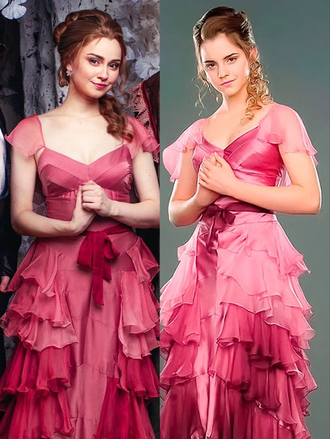 Hermione Granger yule ball cosplay by GrangeAir vs Emma Watson from Goblet of Fire Harry Potter Dress and wig styling also made by GrangeAir Yule Ball Dress Aesthetic, Harry Potter Yule Ball Dresses, Ball Dress Aesthetic, Hermione Yule Ball Dress, Hermione Granger Yule Ball, Hermione Cosplay, Hermione Yule Ball, Yule Ball Dresses, Hermione Dress