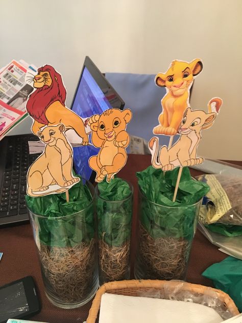 Lion King Center Pieces DIY Lion King Center Piece Ideas, Lion King Treat Table, Lion King Centerpieces 1st Birthdays, Lion King Centerpieces, Lion King Party Decorations, Simba Baby Shower, Barney Party, Unique Gender Reveal Party Ideas, Lion King Birthday Party Ideas