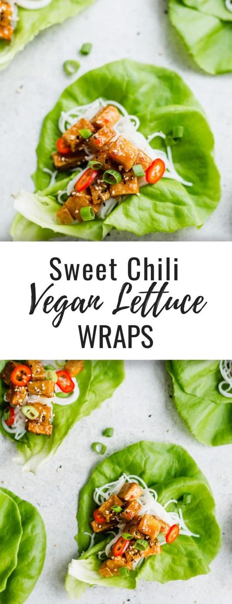 These Asian style vegan lettuce wraps make for a healthy and easy to make. They feature crispy tofu tossed in a Thai sweet and spicy chilli sauce! #lettucewraps #veganrecipes #tofurecipes #healthyrecipes #choosingchia Mushroom Teriyaki, Wraps Vegan, Vegan Lettuce Wraps, Eating Vegan, Lettuce Wrap Recipes, Easy Vegan Dinner, Vegan Lunches, Vegan Dinner, Idee Pasto Sano