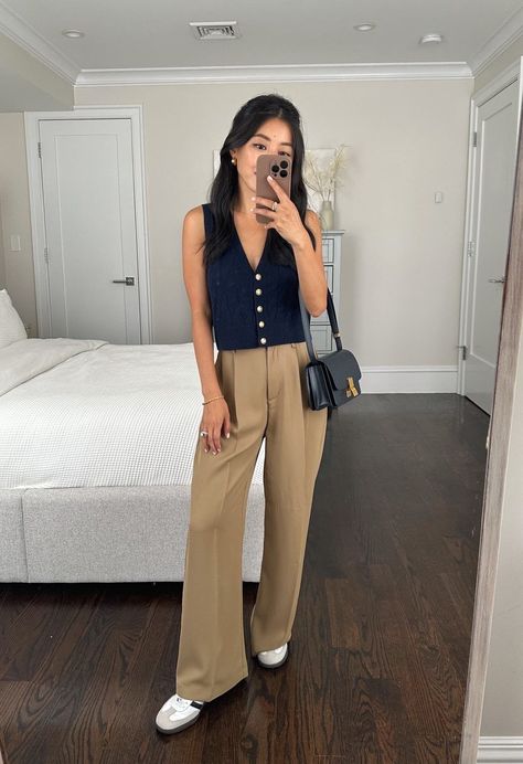 sweater vest + trouser pants + adidas samba sneakers // fall 2023 outfit Hot Weather Business Casual, Trousers And Sneakers Outfit, Outfits With Sambas, Petite Wide Leg Pants, Sambas Outfits, Sneakers Outfit Spring, Outfit Minimalista, J Crew Fall, 40s Outfits