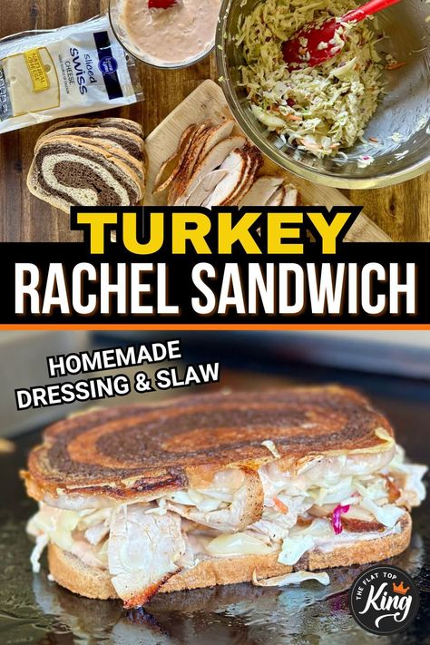 The Rachel sandwich is a delicious spin on the classic Reuben, except made with turkey and coleslaw. Sure to be a new favorite toasted sandwich recipe! Rachel Sandwich Turkey, Turkey Swiss Sandwich, Blackstone Sandwiches, Homemade Slaw Dressing, Turkey Sandwich Ideas, Turkey Reuben Sandwich, Turkey Sandwich Recipes, Leftover Turkey Sandwich, Rachel Sandwich