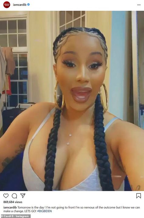 Cardi B tells her followers she's getting up 'extremely early' on Tuesday to vote | Daily Mail Online Cardi B Braids, Cardi B Hairstyles, Feed Ins, Tomorrow Is The Day, Kid Braid Styles, Braided Cornrow Hairstyles, Protective Hairstyles Braids, Feed In Braid, Cool Braid Hairstyles