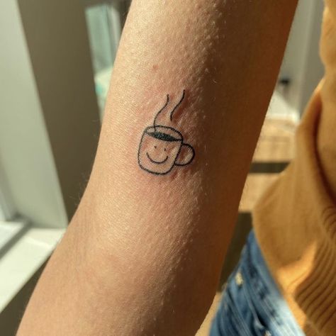 Minimal Coffee Tattoo, Fine Line Coffee Cup Tattoo, Cappuccino Tattoo, Cup Of Coffee Tattoo, Simone Tattoo, Coffee Tattoo Minimalist, Coffee Mug Tattoo, Coffee Tattoo Ideas, Taco Tattoos