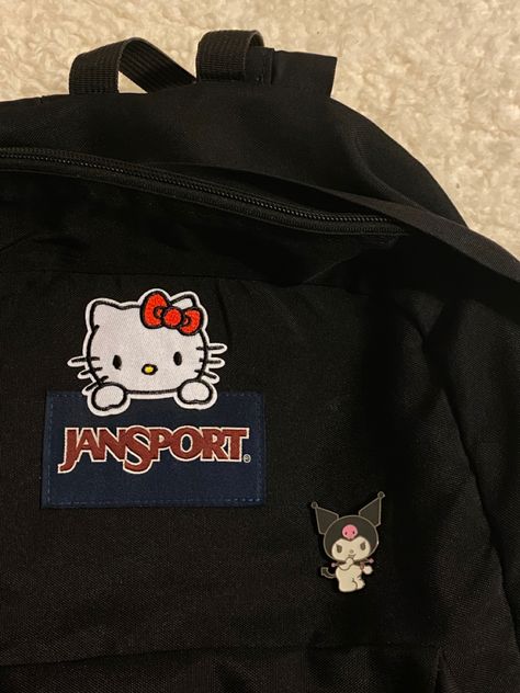 Y2k Backpack Hello Kitty, Hello Kitty Pins For Backpack, Hello Kitty Backpack Pins, Hello Kitty Patches On Backpack, Hello Kitty Fashion Aesthetic, Jansport Backpacks Aesthetic Pins, Cute Backpacks Aesthetic, Hello Kitty Bookbag, Aesthetic Bookbag