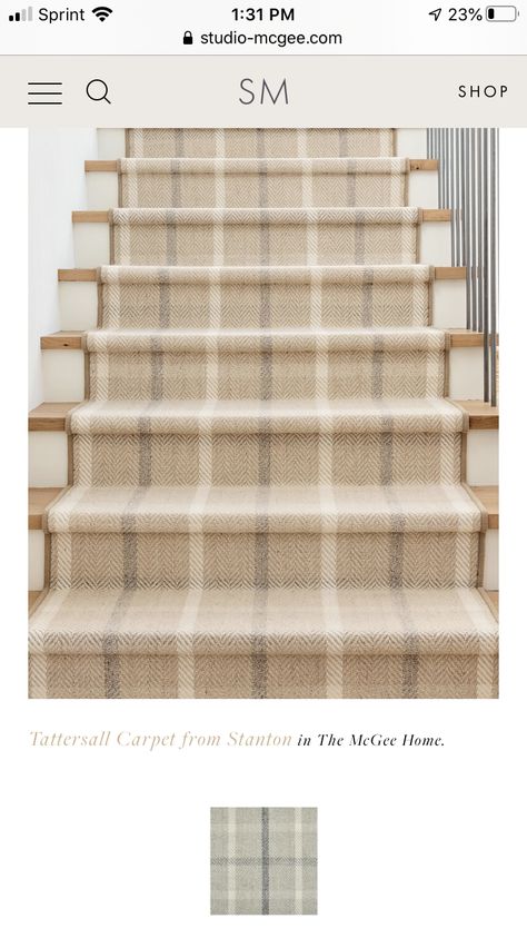 Living Room With Columns Layout, Runner On White Oak Stairs, Foyer Tile Ideas Entryway Modern, Italiante Farmhouse, Colonial Stair Runner, Coastal Stair Runner, Plaid Carpet Basement, Plaid Carpet On Stairs, Basement Stair Runner