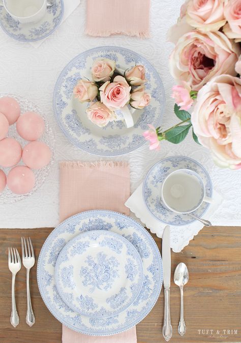 Blue and White Valentine's Day Table with Pink Floral - Tuft & Trim Pink And Blue Tablescapes, Chinoiserie Tea Party, Blue And White Valentines Decor, Blue Valentine Decor, Blue Valentines Day Decor, Baby Blue And Pink Aesthetic, Blue And White Tea Party, Blue And Pink Kitchen, Valentines Day Tea Party