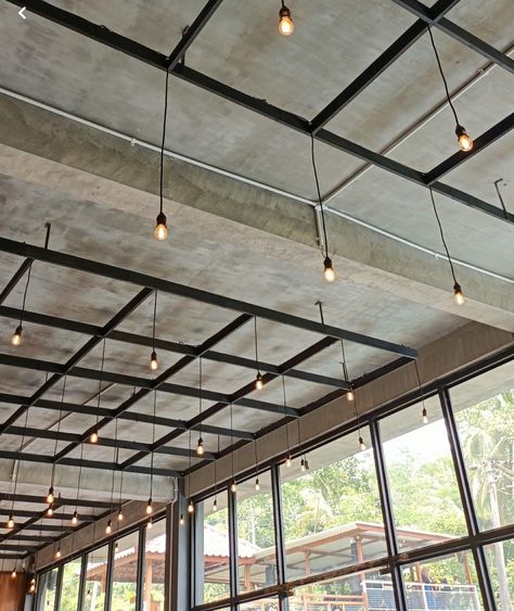 Ceiling Design Restaurant Interiors, Modern Industrial Ceiling Design, Open Ceiling Cafe Design, Industrial Ceiling Design Exposed Beams, Cafe Ceiling Design Ideas, Coffee Shop Ceiling Design, Industrial Ceiling Ideas, Retail Ceiling Design, Industrial Commercial Design