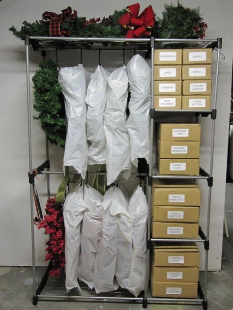 Instead of stuffing artificial wreaths in plastic tubs, keep your wreaths fresh, untangled and ready for the next season using a coat rack. Blogger Karen Way of Sew Many Ways shows how to achieve the ultimate in wreath organization with hangers, plastic bags and labeled boxes to hold wreath decorations. Wreath Organization, Storage Unit Organization Ideas, Organized Spaces, Christmas Decoration Storage, Basement Organization, Home Decor Storage, Tangled Lights, Wreath Storage, Holiday Organization