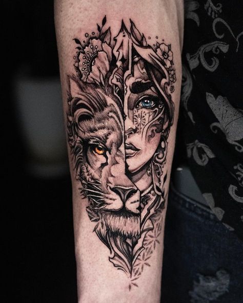 Lioness Half Sleeve Tattoo, Lioness Woman Tattoo, Athena Tattoo Forearm, Leo Shoulder Tattoos For Women, Male Female Lion Tattoo, Lion Women Tattoo, Warrior Princess Tattoo For Women, Half Woman Half Animal Tattoo, Fierce Woman Tattoo