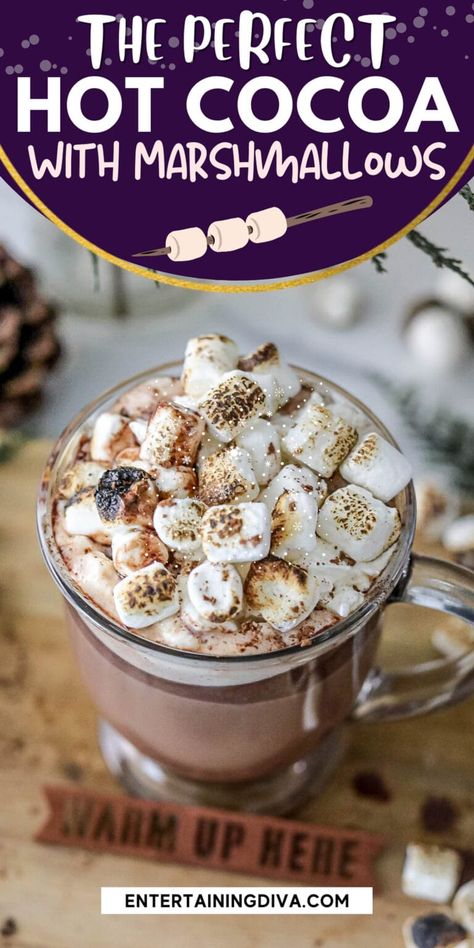 This hot chocolate is so smooth and delicious, with a deep chocolate flavor! Topped off with marshmallows it makes a great treat for holiday movie nights! Best Homemade Hot Chocolate, Hot Chocolate With Marshmallows, Chocolate With Marshmallows, Hot Chocolate Recipe Homemade, Holiday Recipes Thanksgiving, White Almond Bark, Jello Shot, Hot Cocoa Recipe, Caramel Bits