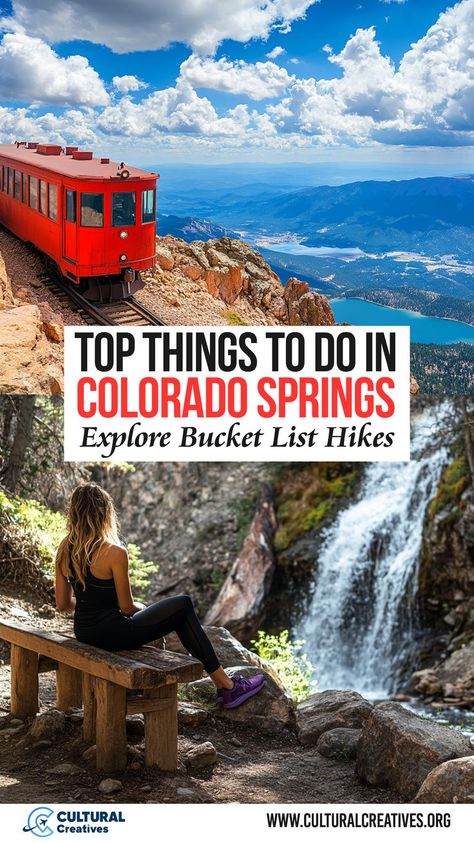 Collage showing top things to do in Colorado Springs, including a scenic red train on a mountain ridge, breathtaking views over lakes and valleys, a peaceful waterfall, and a hiker resting on a bench, inviting exploration of bucket list hikes. Colorado Springs Hikes, Things To Do In Colorado, Pagosa Springs Colorado, Colorado College, Seven Falls, Cheyenne Mountain, Colorado City, Visit Colorado, Colorado Winter