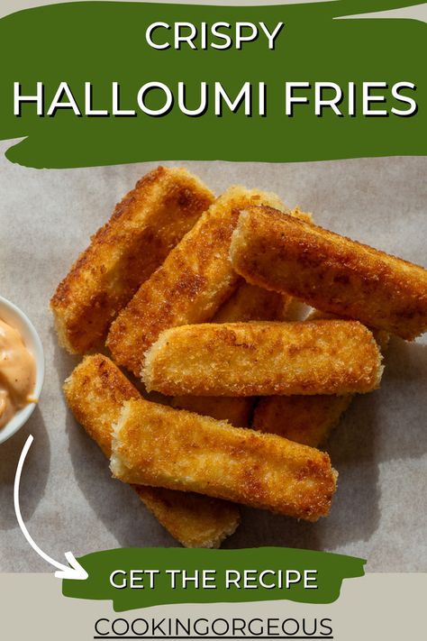 Halloumi cheese cut in strips, covered with flour, eggs, and breadcrumbs, and fried until crispy. Crispy Halloumi, Halloumi Fries Air Fryer, Halloumi Fritters, Haloumi Fries Recipe, Halloumi Recipes, Hot Honey Halloumi, Grated Halloumi, Brunch Ideas For A Crowd, Cheap Breakfast