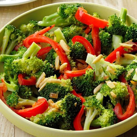 Broccoli with Sauteed Red Pepper Broccoli And Red Pepper Recipes, Red Pepper Recipes, Cafe Display, Fresh Salad Recipes, Broccoli Rice, Fresh Salad, Fresh Broccoli, Tasty Vegetarian Recipes, Healthy Veggies