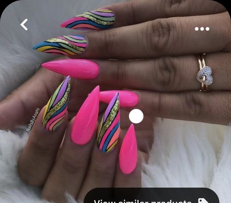 Bobo Nail Designs, Zig Zag Nail Designs, Summer Neon Pink Nails, Neon Encapsulated Nails, Baddie Birthday Nails Almond, Neon Pink Stiletto Nails, Colorful Stiletto Nails, Summer Stiletto Nails Ideas, Neon Nail Ideas Bright Colors