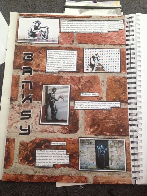 GCSE Banksy Art page in sketch book Gcse Art Messages, Banksy Research Page, Street Art Gcse Sketchbook, Banksy Gcse Art Sketchbook, Banksy Artist Research Page, Artist Analysis, Artist Research Page, Textiles Gcse, Art Coursework