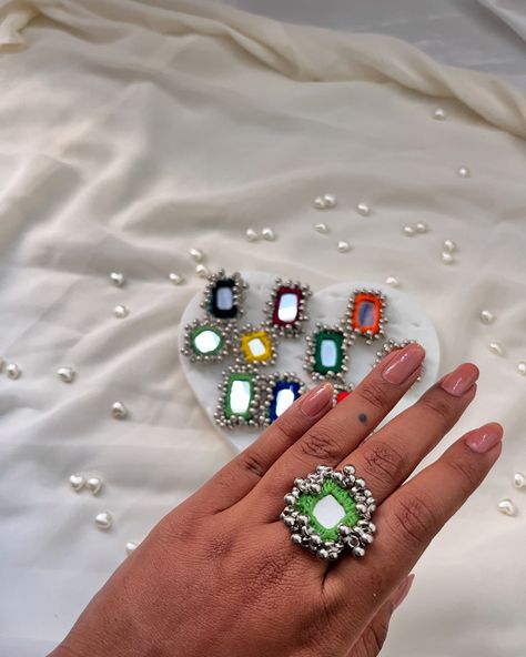 Handmade rings💍💍💍💍💍💍 Small size adjustable mirror ring #newcollection #newcollections #newcollaction2024 #handmaderings #handmaderingsforsale Navratri Ring Handmade, Mirror Ring, Indoor Ideas, Mirror Jewelry, Navratri Dress, Fabric Jewellery, Hard Nails, Artificial Jewellery, Jewelry Mirror