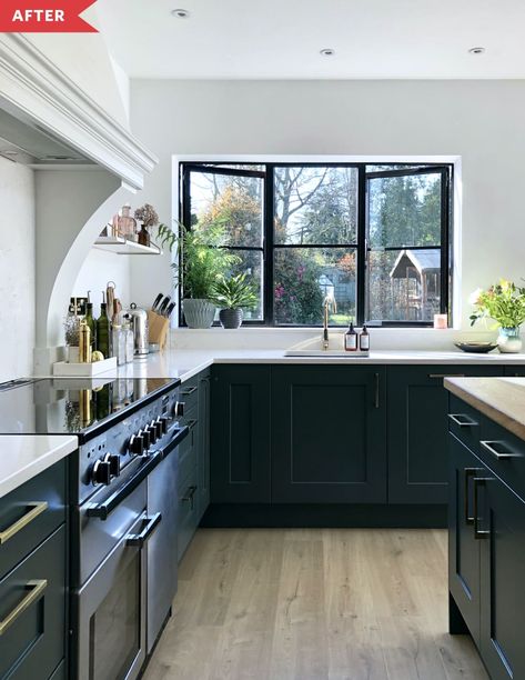 After: Kitchen with dark green lower cabinets, open shelving, and bright white walls Kitchen Cabinet Inspiration, Cabinet Inspiration, Dark Countertops, Devol Kitchens, Paint And Paper Library, 1930s House, Green Kitchen Cabinets, Green Paint Colors, Green Cabinets