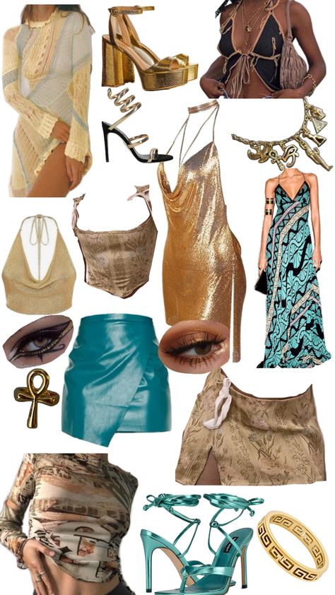 An outfit inspired by the Egyptians colour palette and with the inspiration of Cleo De Nile Egyptian Outfit Ideas, Egyptian Outfit, Monster High Halloween Costumes, Egypt Outfits, Cleopatra Halloween Costume, Cleopatra Halloween, Monster High Halloween, Monster High Clothes, Classy Halloween Costumes