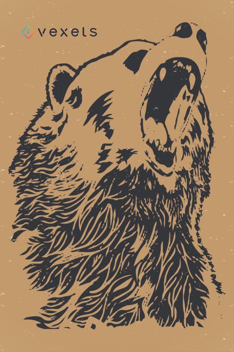 Howling angry bear design for t-shirts, posters and banners. Black isolated illustration great for animal, nature, wildlife, wood inhabitants and educational materials  Design available for commercial and promotional use, great for logos, business cards, presentations, motion graphics and more! Bear Poster, Animal Poster Design, Bear Poster Design, Wildlife Graphic Design, Bear Graphic Design, Animal Logos, Bear Growling Drawing, Bear Linocut, Angry Bear Illustration