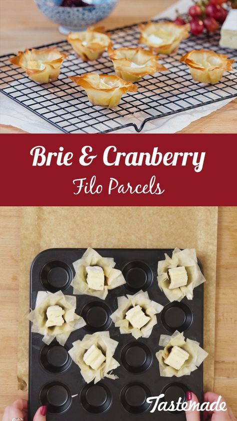 These brie and cranberry filo parcels are the perfect canapes to bring delights to any dinner party! Brie And Cranberry Filo Parcels, Filo Pastry Canapes, Filo Brie Cranberry, Filo Pastry Appetizers, Decorative Appetizers, Vegetarian Apps, Christmas Canapés, Filo Pastry Recipes Savoury, Savoury Party Food