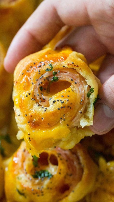 Hot Turkey and Cheese Party Rolls! - Passion For Savings Party Rolls, Turkey Party, Bite Size Snacks, Cheese Roll, Party Sandwiches, Turkey Cheese, Best Appetizer Recipes, Crescent Roll Recipes, Cheese Party