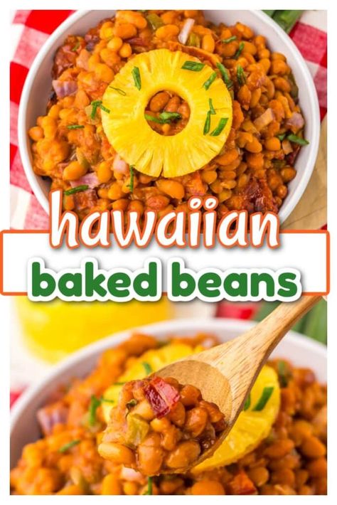 baked beans, cookout side dish, summer side dish, sweet baked beans Baked Beans Pineapple Bacon, Baked Beans With Pineapple, Pineapple Baked Beans, Sides For Dinner, Hawaiian Baked Beans, Hawaiian Side Dishes, Baked Beans With Hamburger, Pineapple Baked, Hawaiian Plate Lunch