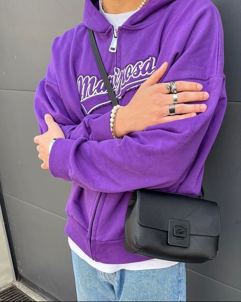 Zip Hoodie Outfit, Hoodie Outfit Men, Purple Hoodie, Street Fashion Men Streetwear, Purple Outfits, Fire Fits, Men Street, Hoodie Outfit, Streetwear Outfits