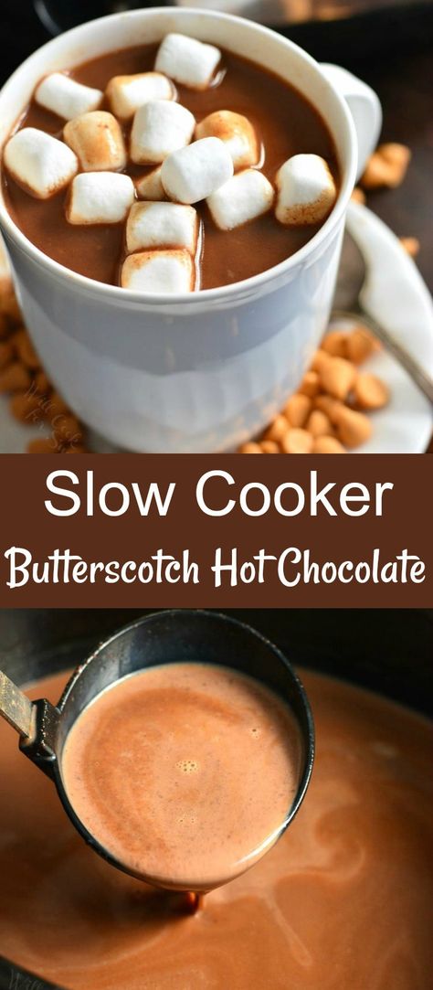 Crock Pot Butterscotch Hot Chocolate. The PERFECT drink to serve at dinners and parties in the cold weather. It's sweet, creamy, and made in a crock pot for convenience. #hotchocolate #butterscotch #beverage #drinks Hot Butterscotch Drink, Crockpot Drink Recipes, Butterscotch Drinks, Butterscotch Hot Chocolate, Butterscotch Coffee, Holiday Hot Drinks, Hot Alcoholic Drinks, How To Make Butterscotch, Crockpot Drinks