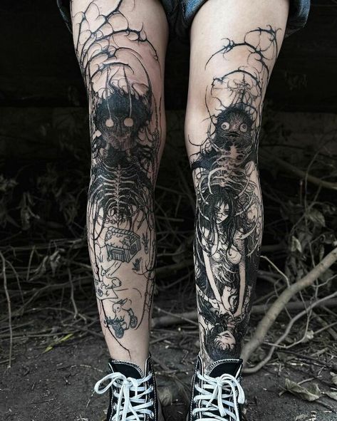 Feminine Skull Tattoos, Feminine Tattoo Sleeves, Wicked Tattoos, Scary Tattoos, Creepy Tattoos, Gothic Tattoo, Gaming Tattoo, Dark Tattoo, Black Ink Tattoos