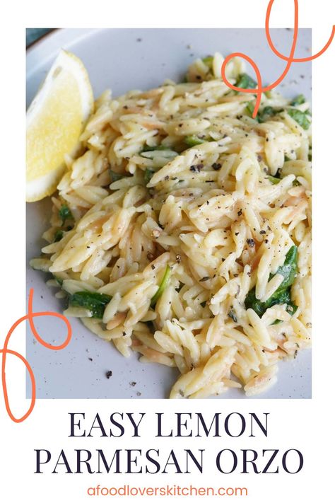 A bowl of lemon parmesan orzo Lemon Butter Orzo Carbonara, Lemon Cream Orzo Pasta, Lemon Zucchini Orzo, Lemon Parmesan Orzo Recipes, Orzo Recipes Parmesan, Lemon Parm Orzo, Orzo With Asparagus Parmesan, Lemon Herb Orzo, Lemon Orzo With Asparagus