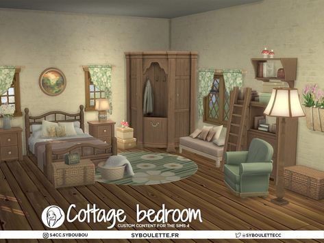 The Sims Resource - Patreon release - Cottage bedroom set (part 1) Sims 4 Cottage, Cottage Table, Cottage Rugs, Sims 4 Bedroom, Comfy Armchair, Boho Style Bedroom, Cottage Furniture, Adult Bedroom, Cottage Bedroom