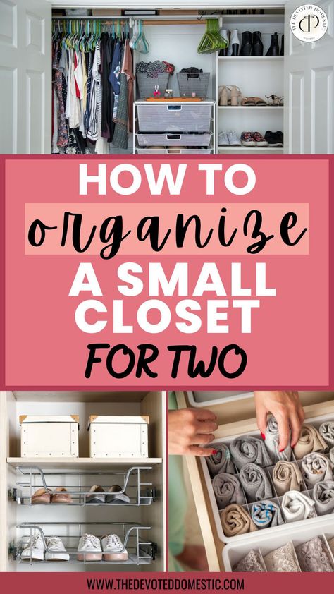 Not sure how to organize a small closet for two? Here are 12 ingenious small closet organization ideas & tips on how to organize a small closet with lots of clothes that'll help you create the perfect system & maximum storage! Shoe Organization In Small Closet, Shared Small Closet With Husband, Closet For Two People, Organization For Small Closets, Small Closet For Two, Apartment Organization Kitchen, Organize A Small Closet, Ideas For Jeans, Small Closet Hacks