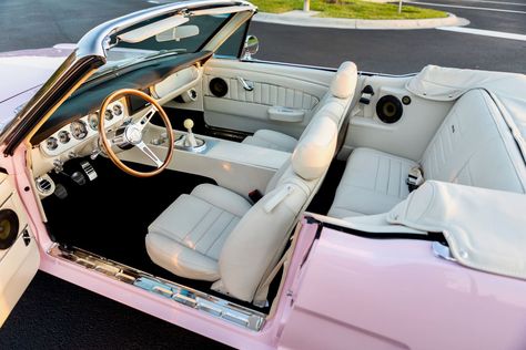 This is a 1966 Mustang GT Convertible in Playmate Pink. It has Ivory leather interior. This car has 17x8 Shelby 10-spoke aluminum wheels. It features a 460hp Ford 5.0L Ti-VCT Coyote DOHC V8 engine and a T56XL 6-speed manual transmission. #mustang #shelby #classicmustang #classicshelby #carinspiration Pink Convertible Mustang, Pink Convertible Car, Cony Island, Elvis Pink Cadillac, Pink Volkswagen, Pink Volkswagen Beetle, Audi A5 Convertible, 1965 Mustang Convertible, Convertible Mustang