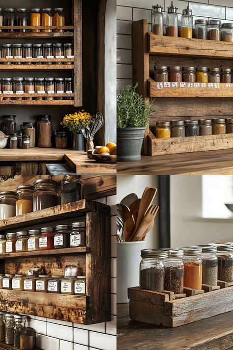 Build a rustic spice rack from recycled wood for a sustainable and stylish kitchen! A perfect DIY project for home cooks. #DIYSpiceRack #RecycledWood #EcoFriendlyKitchen Rustic Spice Rack, Rustic Kitchen Storage, Diy Spice Rack, Diy Spices, Spice Shelf, Eco Friendly Kitchen, Diy House Projects, Stylish Kitchen, Wood Products