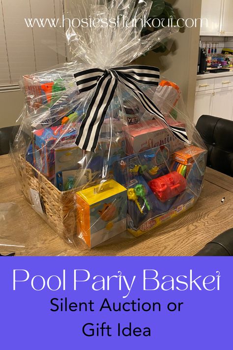 Silent Auction basket, pool basket, gift idea Beach Theme Basket Ideas, Pool Themed Gift Basket, Pool Gift Basket Ideas, Pool Gift Basket, Auction Basket Ideas Fundraising, Cooler Gift Basket Ideas, Cooler Gift Basket, School Auction Baskets, Pool Party Gift Bags