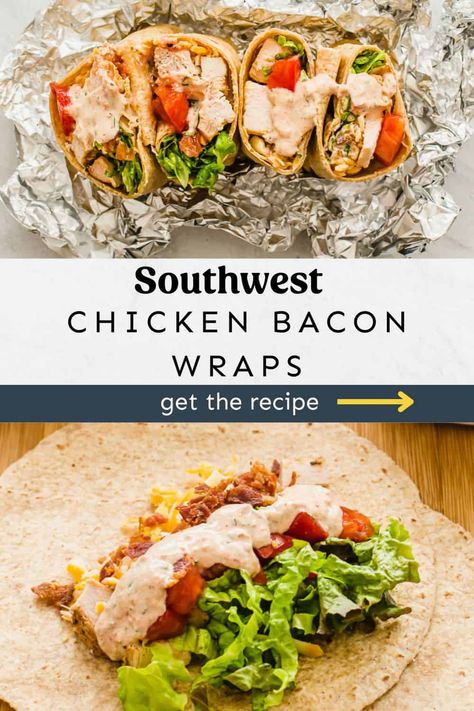 Marinated and grilled chicken, crispy bacon, cheddar, creamy southwest ranch sauce, and fresh veggies are all wrapped up in a warm tortilla for the BEST Southwest Chicken Bacon Wraps ever. This is my go-to recipe to drop off to a friend in need or as a meal for groups of people. Chicken Wraps Tortillas, Chicken And Bacon Wraps, Rotisserie Chicken Wraps, Chicken Bacon Wrap, Crowd Meals, Chicken Tortilla Wraps, Chicken Wrap Recipes Easy, Easy Entrees, Southwest Chicken Wraps