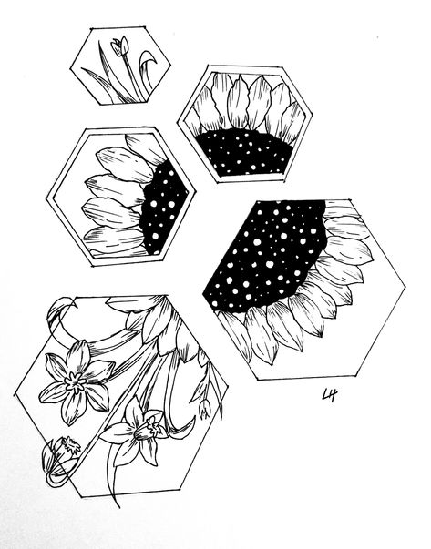 Hexagon Drawing Design, Hexagon Painting Ideas, Hexagon Art Drawing, Protista Kingdom, Hexagon Drawing, Dad Painting, Quilt Tattoo, Ladies Tattoo, Hexagon Flowers