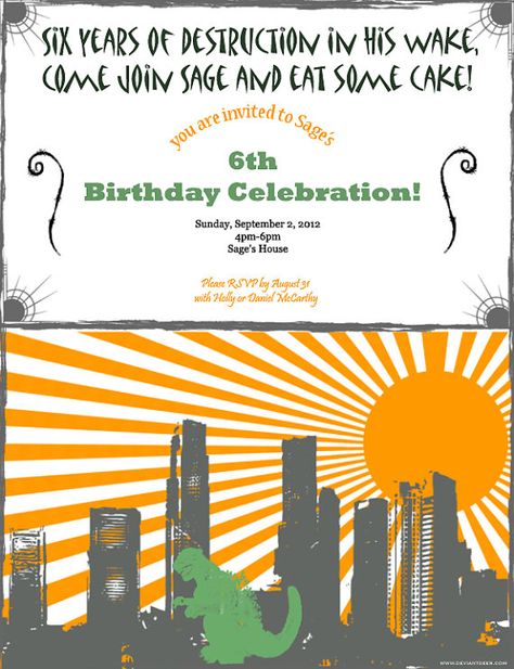 Godzilla, Dragon, Dinosaur Birthday Party Invitation Godzilla Party Ideas, Godzilla Invitations, Green Birthday Party, Godzilla Party, Godzilla Birthday Party, Dragon Dinosaur, Godzilla Birthday, Dinosaur Birthday Party Invitations, Green Birthday