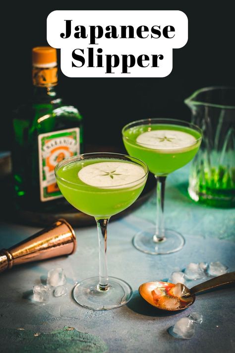 The Japanese Slipper Cocktail Japanese Slipper Cocktail, Midori Drinks, Midori Cocktails, Mai Tai Recipe, Japanese Cocktails, Sake Cocktail, New Year's Drinks, Classic Margarita Recipe, Melon Liqueur